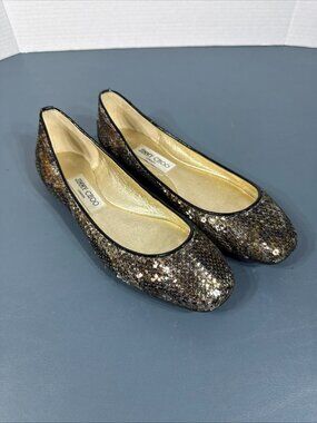 JIMMY CHOO Flat Shoes Women's Size 37.5 US 7.5 Gold Glitter